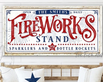 Personalized 4th of July Sign - Custom Family Name Fireworks Stand Art, Independence Day Farmhouse Wall Decor, Canvas or Metal print