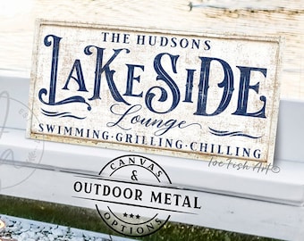 Lake House Sign Personalized Lakeside Lounge Signs Custom Family Name Art Rustic Cottage Farmhouse Wall Decor Bar art Canvas OR Metal Print