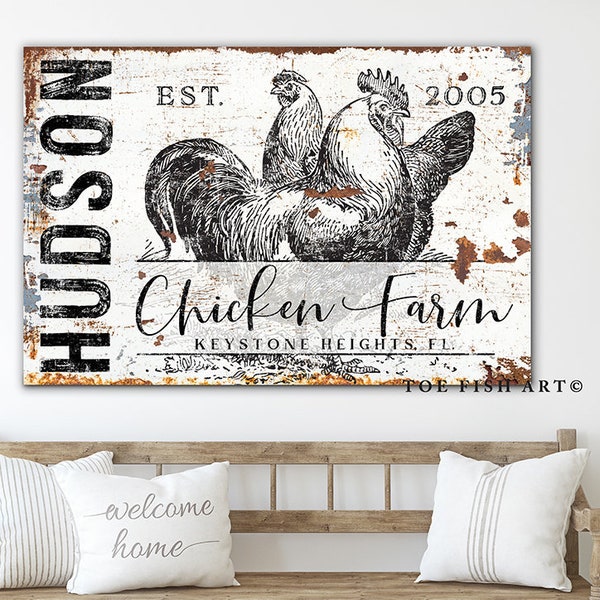 Modern Farmhouse Decor Chicken Farm Sign Custom Last Name Family Established Signs Large Rustic Wall Decor Industrial Vintage Canvas Print