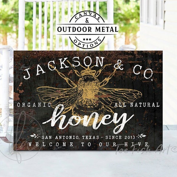 Honey Bee Sign Personalized Farm Fresh Honey Modern Farmhouse Wall Decor Rustic Bee Farm Sign Custom Name  Art Vintage Canvas or Metal Print