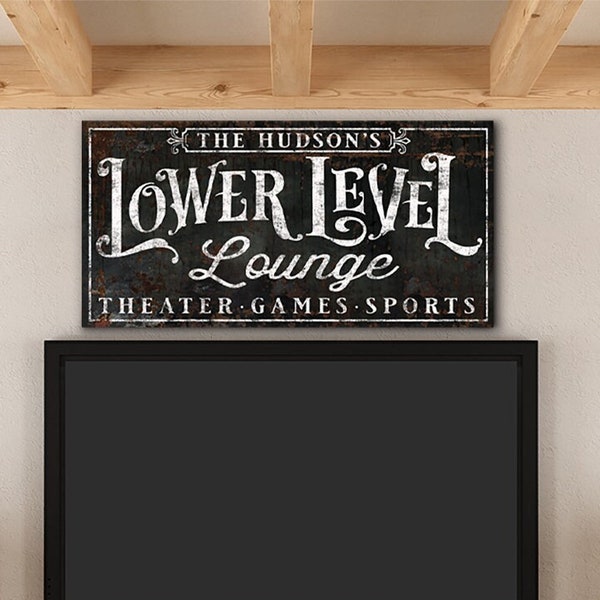 Personalized Custom Lower Level Lounge Sign Modern Farmhouse Wall Decor Family Name Sign Retro Basement Man Cave Bar Wall Art Canvas Print