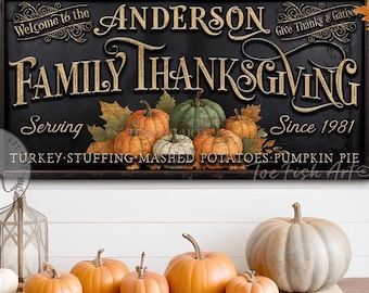 Family Thanksgiving Sign – Personalized Custom Wall Art, Modern Farmhouse Holiday Gift Canvas or Outdoor Metal Print for Autumn Décor