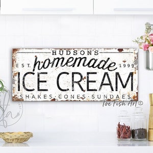 Letrero con nombre de familia, apellido, regalo establecido para ella, decoración de cocina rústica personalizada de estilo rústico moderno, letrero de lona vintage para heladería.