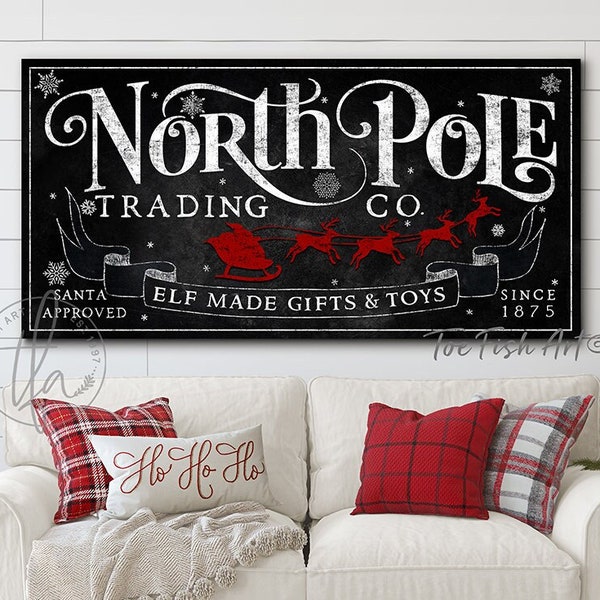 Rustic Christmas Sign North Pole Trading Company Sign Modern Farmhouse Wall Decor Vintage Holiday Wall Art Name Established Sign Large Print