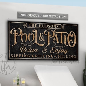 METAL SIGN! Personalized Pool & Patio Sign Backyard Bar and Grill Pool Deck Custom Family  Name Sign Modern Farmhouse Wall Art Rustic Print