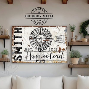 Personalized Homestead Sign Windmill Family Name Art Rustic Farmhouse Wall Decor Rustic Vintage Wall Art Large Canvas or Outdoor Metal Print