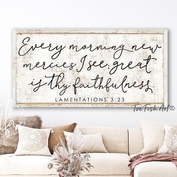 Great Is Thy Faithfulness Sign Christian Art Modern Farmhouse Wall Decor Inspirational Lamentations 3:23 Scripture Bible verse Hymn lyrics