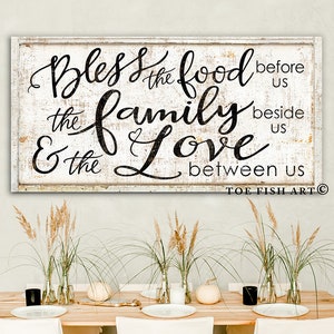 Bless the Food Before Us Sign Modern Farmhouse Wall Decor Meal Prayer Dining Room Rustic Wall Decor Large Canvas Kitchen Art Print Gather