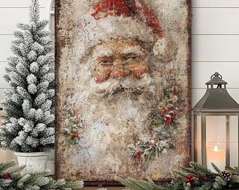 Vintage Santa Claus Sign – Rustic Christmas Holiday Wall Art, Modern Farmhouse Decor, Canvas or Outdoor Metal Print