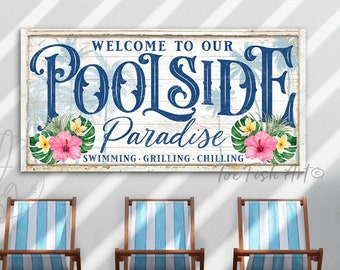 Custom Pool Sign Pool & Patio Tropical Wall Art Personalized Name Pool House Poolside Summer Home Modern Farmhouse Rustic Deco Canvas Print