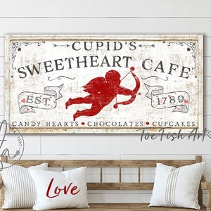 Cupid's Sweetheart Cafe Valentines Day Sign Modern Farmhouse Wall Decor Farm Vintage Love Art Canvas Print Art Rustic Chic Lip Kiss Love image 1