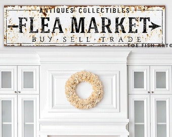 Vintage Flea Market Sign Modern Farmhouse Decor Antiques Sign Large canvas wall Art Rustic Decor Buy Sell Trade Signs Print Old Time Signs