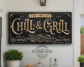 Bar and Grill Sign Personalized Pool Patio Signs Father's Day Gift Custom Backyard Family Name Sign BBQ Accessories Canvas & Outdoor Metal