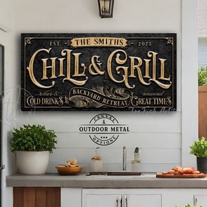 Bar and Grill Sign Personalized Pool Patio Signs Father&#39;s Day Gift Custom Backyard Family Name BBQ Accessories Canvas & Outdoor Metal Print