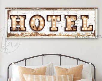 Hotel Sign Modern Farmhouse Wall Decor Bedroom Wall art Rustic Industrial Vintage Welcome Guest Room Large Canvas Print Marquee Motel Sign