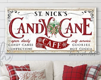 Candy Cane Sign Rustic St. Nick's Candy Cane Cafe Christmas Decor Modern Farmhouse Vintage Holiday Art Hot Cocoa Cookies Santa Canvas Print