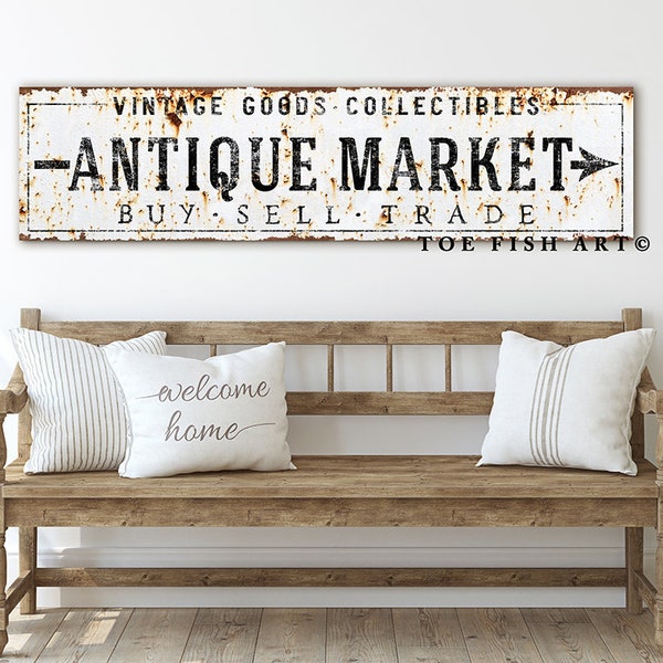 Vintage Antique Market Sign Modern Farmhouse Decor Antiques Large canvas wall Art Rustic Decor Buy Sell Trade Signs Print Old Time Signs