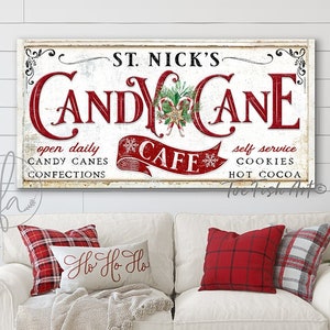 Candy Cane Sign Rustic St. Nick's Candy Cane Cafe Christmas Decor Modern Farmhouse Vintage Holiday Art Hot Cocoa Cookies Santa Canvas Print