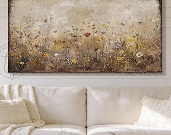 Wildflower Field Wall Art - Modern Farmhouse Wall Decor, Vintage Abstract Floral Landscape Sign, Canvas or Outdoor Metal Print