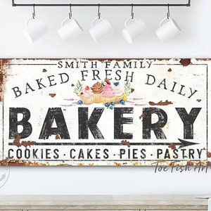 Bakery Sign Modern Farmhouse Wall Decor Cupcakes pies Kitchen Sign Personalized Name Rustic Family Baking Company Art Vintage Canvas Print