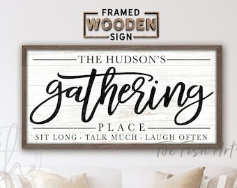 Gathering Place Sign Custom Name Art Framed Wooden Sign Personalized Living Room Wall Art Shiplap Rustic Farmhouse Decor Modern WOOD SIGN