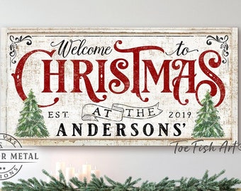 Family Name Christmas Decor Sign – Personalized Holiday Art, Welcome Home Rustic Modern Farmhouse Wall Art, Canvas or Outdoor Metal Print