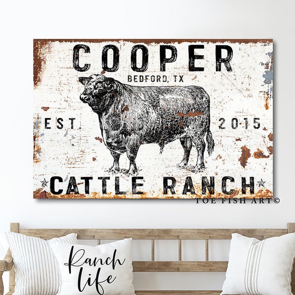 Modern Farmhouse Wall Decor Cattle Company Last Name Established Family Sign Rustic Cow Decor Large Living Room Wall Art Custom Personalized