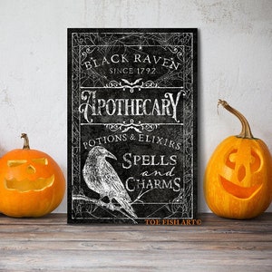 Halloween Sign Apothecary Industrial Decor Creepy Rustic Fall Medieval Spooky Vintage Farmhouse Wall Art  Vertical Canvas Print Black Raven