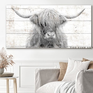 Highland Cow Canvas Print Modern Farmhouse Wall Decor Primitive Boho Vintage Living Room Large Cattle Company Rustic Minimalist Scotland Cow