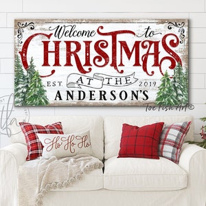 Welcome to Christmas At the Sign Personalized Custom Family Name Sign Modern Farmhouse Wall Decor Home Holiday Art Canvas Print Decorations