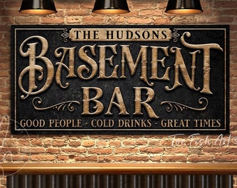 Basement Bar and Lounge Sign Man Cave Personalized Last Name Family Sign Custom Rustic Modern Farmhouse Wall Art Canvas Print for the Home