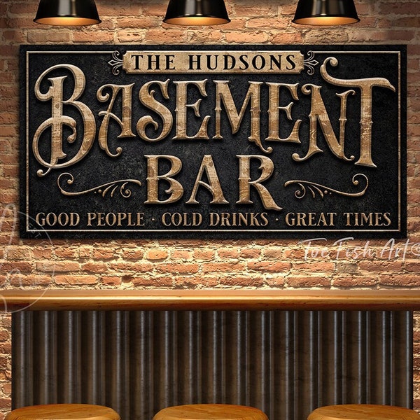 Basement Bar and Lounge Sign Man Cave Personalized Last Name Family Sign Custom Rustic Modern Farmhouse Wall Art Canvas Print for the Home