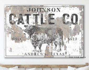 Modern Farmhouse Wall Decor Cattle Company Last Name Established Family Sign Rustic Cow Decor Large Living Room Wall Art Canvas Print Cow