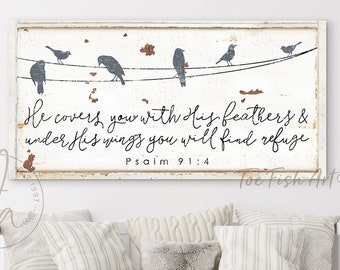 He Covers You With His Feathers Modern Farmhouse Decor Psalm 91:4 Christian Wall Art Rustic Farmhouse Distressed Scripture Canvas Print Art