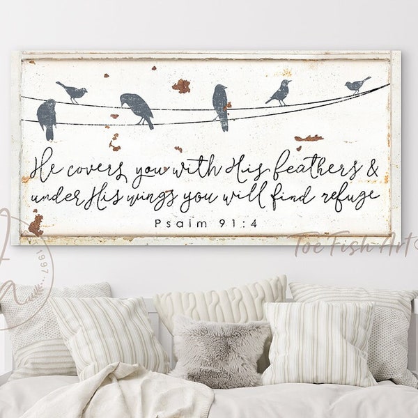 He Covers You With His Feathers Modern Farmhouse Decor Psalm 91:4 Christian Wall Art Rustic Farmhouse Distressed Scripture Canvas Print Art