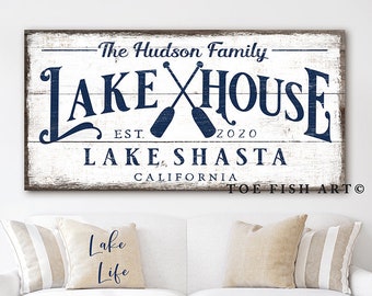 Custom Lake House Sign Modern Farmhouse Wall Decor Family Name Sign Large Rustic Art Summer Cottage Cabin Lake Personalized Lake Life Sign