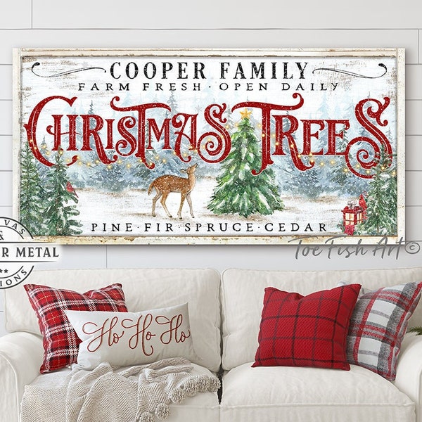 Personalized Christmas Tree Sign Custom Family Name Vintage Rustic Modern Farmhouse Wall Decor Holiday Art Canvas or Outdoor Metal Print