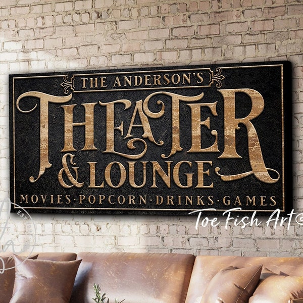 Personalized Theater & Lounge Large Rustic Wall Art Movie TV Room Sign Modern Farmhouse Wall Decor Custom Family Name Cinema CANVAS Print