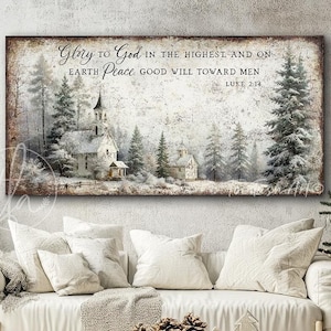 Vintage Christmas Scripture Sign – Rustic Holiday Church Decoration, Modern Farmhouse Wall Decor, Canvas or Outdoor Metal Print, Luke 2:14