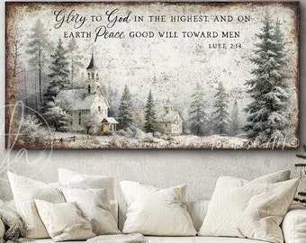 Vintage Christmas Scripture Sign – Rustic Holiday Church Decoration, Modern Farmhouse Wall Decor, Canvas or Outdoor Metal Print, Luke 2:14