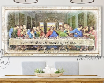 Last Supper Modern Farmhouse Wall Decor Canvas Print Luke 22:19 Christian Wall Art Rustic Distressed Scripture Catholic Family Kitchen Decor