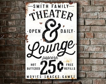 Custom Family Name Sign Theater Sign Modern Farmhouse Wall Decor Rustic Industrial Vintage Signs Canvas Print Game Movie Room Home Theater