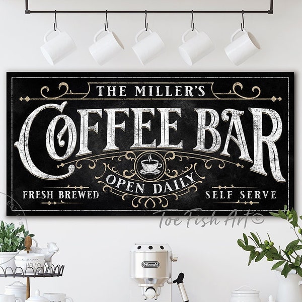 COFFEE BAR SIGN Modern Farmhouse Wall Decor Personalized Family Name Sign Large Rustic Custom Wall Art Industrial Vintage Art Canvas Print