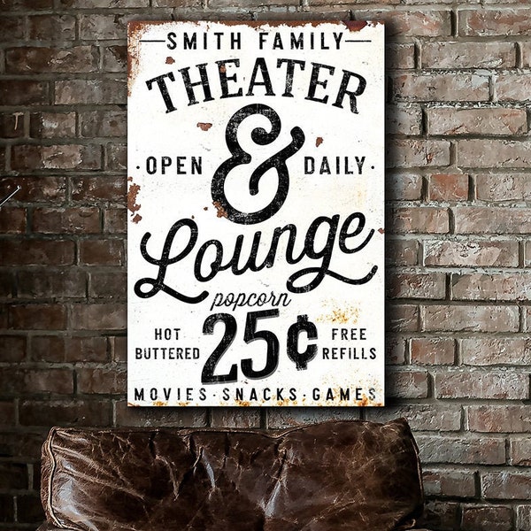 Custom Family Name Sign Theater Sign Modern Farmhouse Wall Decor Rustic Industrial Vintage Signs Canvas Print Game Movie Room Home Theater