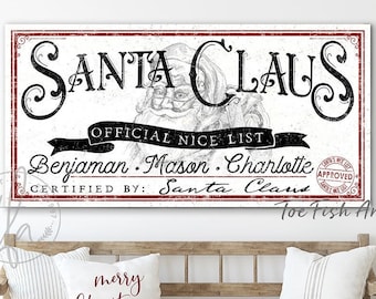 Santa Claus Naughty Nice List Rustic Christmas Sign Modern Farmhouse Wall Decor Vintage Holiday Art Personalized Custom Name Customized Gift