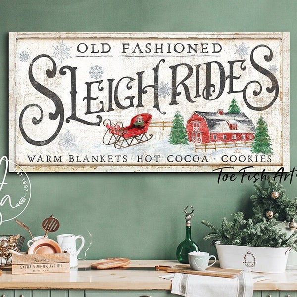 Sleigh Rides Sign Christmas Holiday Home Decor Art Old Fashioned Modern Farmhouse Wall Decor Rustic Vintage Canvas Print Mantel Decorations