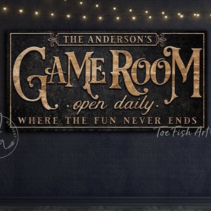 Personalized Game Room Sign Custom Family Last Name Modern Farmhouse Wall Decor Billiards Lounge Arcade Poker Darts Music Art CANVAS Print