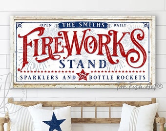 4th of July Sign Fireworks Stand Sign Personalized Wall Decor 1776 Patriotic Rustic Independence Day Americana Canvas or Outdoor Metal Print