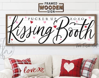 Valentine's Day Sign Kissing Booth XO Pucker Up Framed Shiplap Sign Custom Family Art Modern Farmhouse Wall Welcome Home Wooden WOOD SIGN
