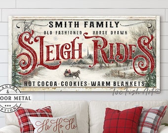 Sleigh Rides Sign Rustic Christmas Decor Modern Farmhouse Wall Art Vintage Holiday Personalized Name Signs Canvas or Outdoor Metal Print